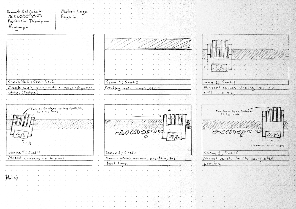 Page one of the storyboard. Depicts the mascot dropping down and
    printing the wordmark.