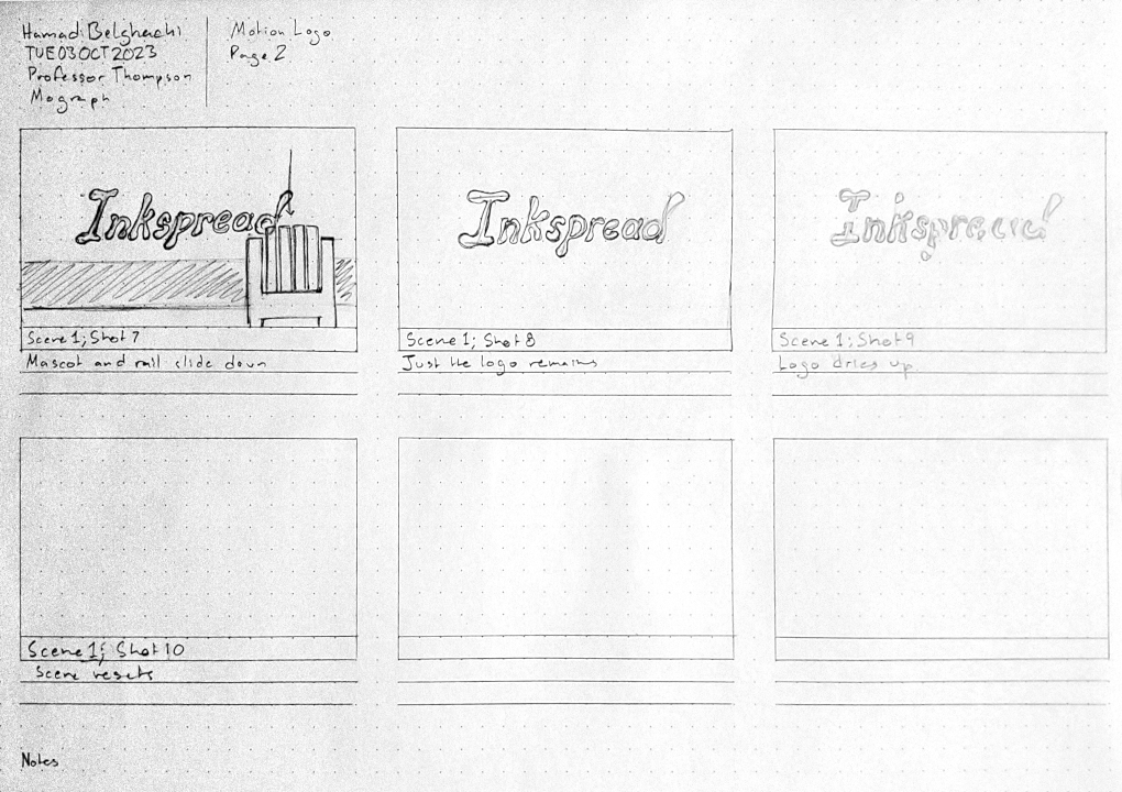 Page two of the storyboard. Depicts the mascot leaving and the
    wordmark drying up to reset the scene. This part of the scene was later
    scrapped.