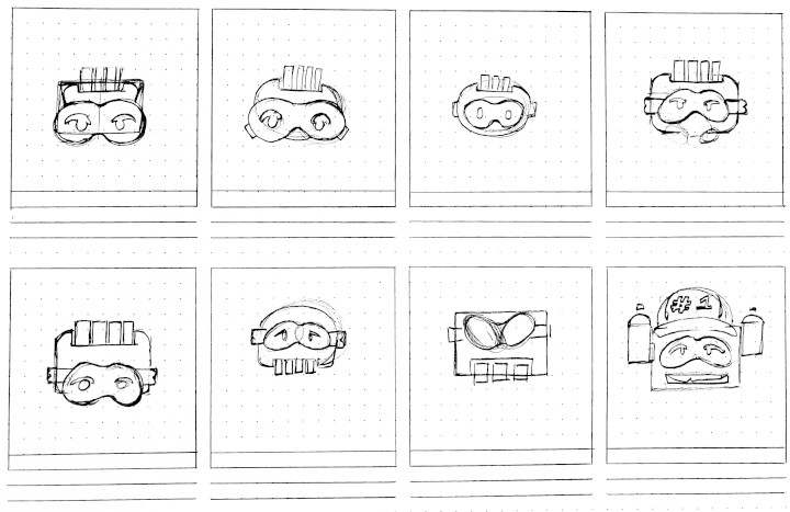 Eight thumbnail sketches for the redesign of the printhead mascot.