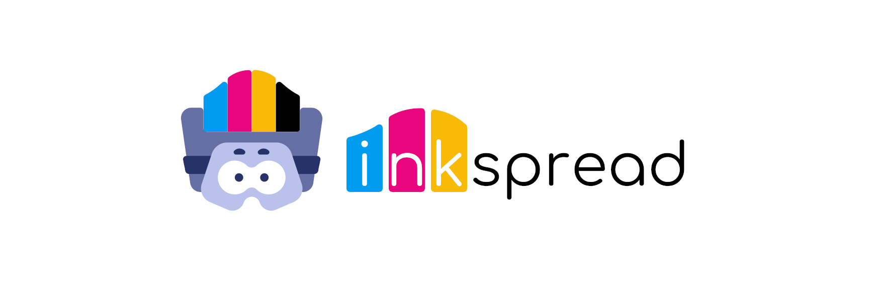Final design for Inkspread Logo. The printhead mascot resides to
    the left of the wordmark.