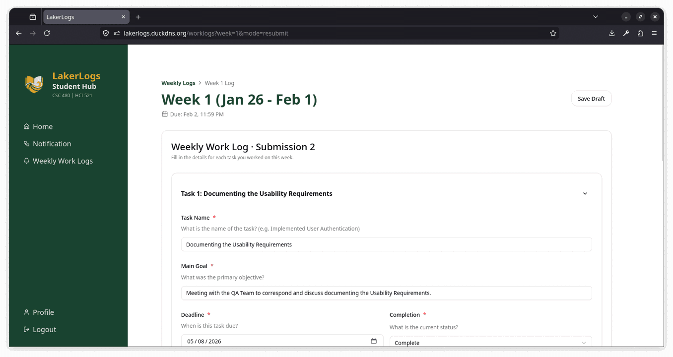 The work log entry page, where a student can record task entries and submit their work log.