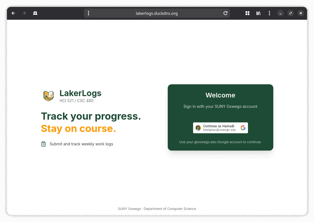 The homepage for the LakerLogs weekly work log recording Web application.