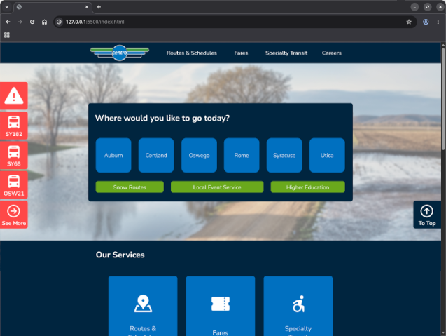 High-fidelity mockup of the redesigned homepage for Centro Public Transport.
